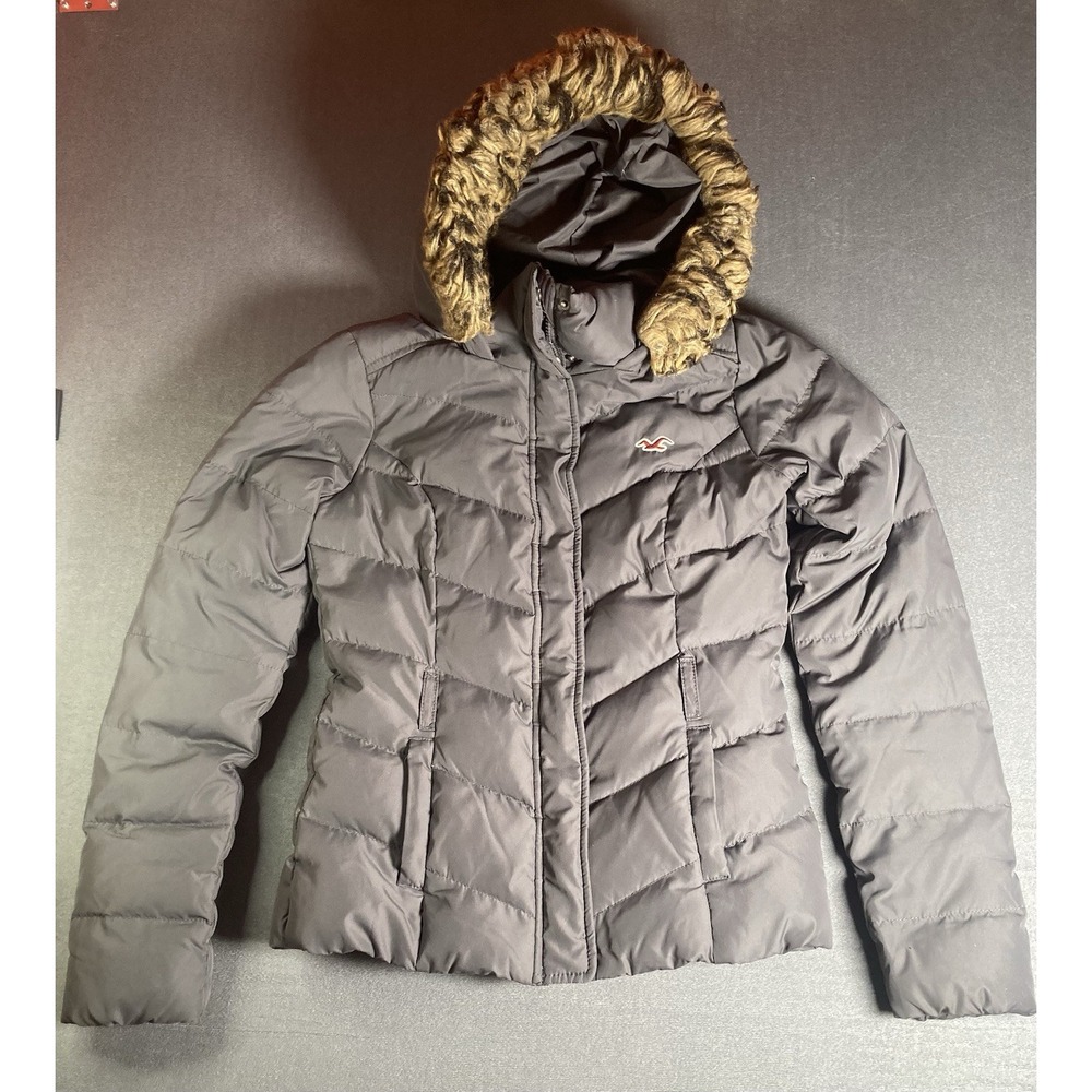 Vintage Hollister Puffer Jacket Teen Y2K Faux Fur Lined Hooded Goose Down Small